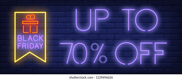 Black Friday, up to seventy percent off neon text. Sale advertising design. Night bright neon sign, colorful billboard, light banner. Vector illustration in neon style.