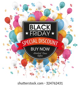 Black friday shield with flag, balloons and percents on the white. Eps 10 vector file.