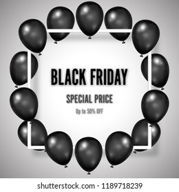 Black Friday with shiny Balloons on white square frame background as business , discount , promotion and Sale Poster concept. Vector illustration.