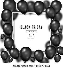 Black Friday with shiny Balloons on white square frame background as business , discount , promotion and Sale Poster concept. Vector illustration.