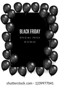 Black Friday with shiny Balloons on square frame on white background as business , discount , promotion and Sale Poster concept. Vector illustration.