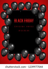Black Friday with shiny Balloons on square frame on red background as business , discount , promotion and Sale Poster concept. Vector illustration.