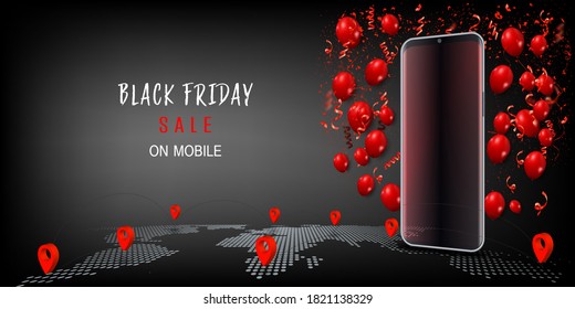 Black Friday with shiny balloons online background. Shopping on mobile or smartphone as business , discount , promotion and Sale Poster concept. Vector illustration.