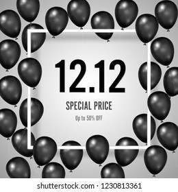 Black Friday with shiny Balloons and twelve on white square frame background as business , discount , promotion and Sale Poster concept. Vector illustration.