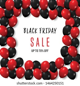 Black Friday with shiny and red Balloons on gray background as business , discount , promotion and Sale Poster concept. Vector illustration.