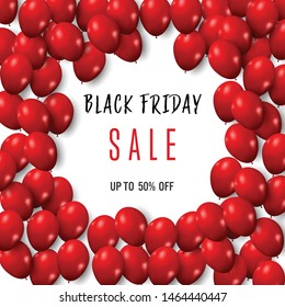 Black Friday with shiny and red Balloons isolated on white background as business , discount , promotion and Sale Poster concept. Vector illustration.