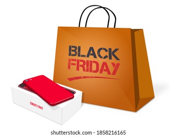 Black Friday shop bag and red Smart Fruit smart phone - box and device - white background. Vector illustration.