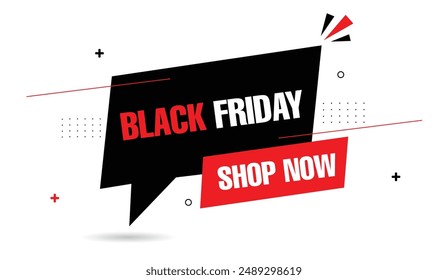 Black Friday shop now banner template design with white background and black and red shapes, perfect for boosting sales with eye-catching graphics and bold colors