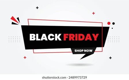 Black Friday shop now banner template design with white background and black and red shapes, perfect for promotions and sales events.