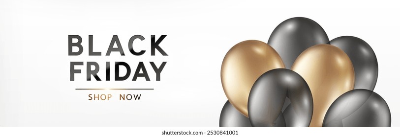 Black Friday Shop now banner. Realistic balloons bunch sale, discount tag. Vector white background, poster, special offer