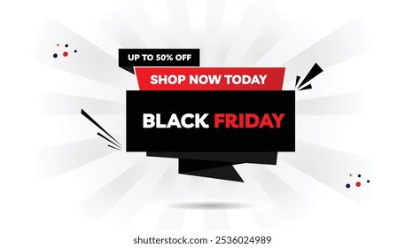 Black Friday loja agora modelo de banner editável com até 50% de desconto, apresentando um elegante gradiente branco claro e preto escuro, destaques vermelho negrito e um fundo branco limpo - perfeito para alta qualidade