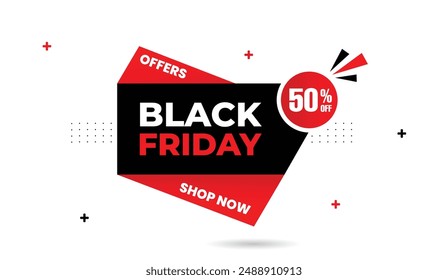 Black Friday shop now offers 50% off banner template design with white background and black and red shapes, perfect for eye catching sale promotions