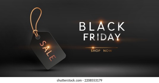 Black Friday Shop Now promotion banner. Realistic label with golden sale, discount tag. Vector dark background, poster, special offer template