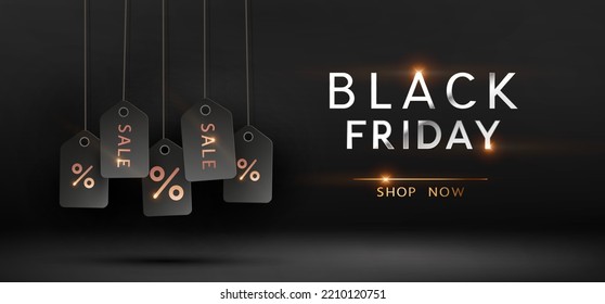 Black Friday Shop Now promotion banner. Realistic labels with golden sale, discount tag. Vector dark background, poster, special offer template