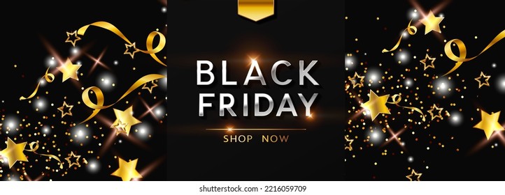 Black Friday Shop Now promotion banner. Special sale, discount tag or coupon with shiny golden stars, tinsel, gliter. Vector shiny background, poster, special offer template 
