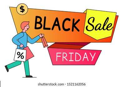 Black friday shopper on shopping using sales and discounts vector, isolated banner with man. Male character carrying bags with percent sign. Customer of shop with purchases in packages flat style guy