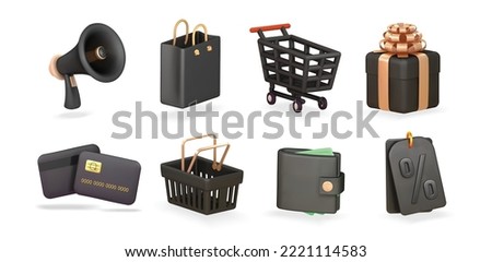 black friday shopping 3d render realistic vector icon set. Basket, gift, megaphone, credit card, discount label, shopping cart black friday 3d icon.