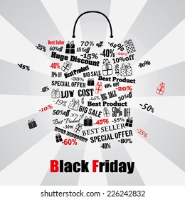 Black Friday shopping bag, made of discounts and special offers
