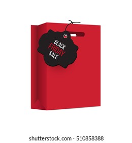 Black Friday shopping bag, pack red. Discount and price, design label, offer and retail illustration