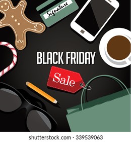 Black Friday shopping bag and sales tag flat design marketing scene. Template for Black Friday advertising. Bird's eye view of online shopping. EPS 10 vector royalty free illustration.