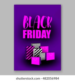 Black Friday shopping bag and sales tag marketing template on stiped pattern with gold glitter glowing