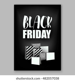 Black Friday shopping bag and sales tag marketing template on stiped pattern with gold glitter glowing