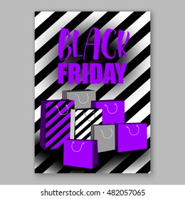 Black Friday shopping bag and sales tag marketing template on stiped pattern with gold glitter glowing