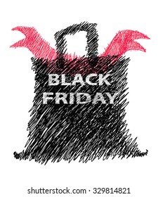 Black Friday shopping bag vector illustration - sketchy black hand bag with text and red ribbon. Hand drawn sale bag for Black Friday. Graphic stock clip art.  