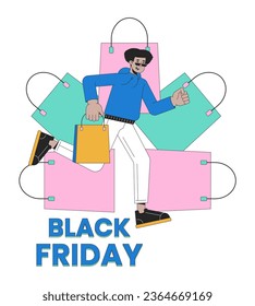 Black friday shopping bags retail 2D linear illustration concept. Shopper male running with boutique bag cartoon character isolated on white. Weekend sale metaphor abstract flat vector outline graphic