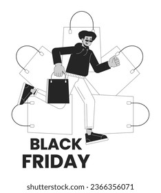 Black friday shopping bags retail black and white 2D illustration concept. Shopper male holding boutique bag cartoon outline character isolated on white. Weekend sale metaphor monochrome vector art