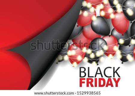 Black Friday shopping banner set. Shiny balloons and glowing lights garland under peeling off wrapping paper. Big sale of the year design concept. Vector illustration.