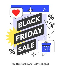 Black friday. Shopping cart and bags with goods and presents. Offline and online shopping with a big discount and special offer. Promo advertising. Flat vector illustration