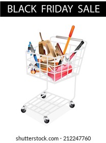Black Friday Shopping Cart Full with Various Type of Auto Service and Repair Tool Kits for Black Friday Shopping Season and Biggest Discount Promotion in A Year. 