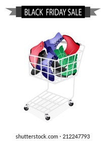 Black Friday Shopping Cart Full with Various Style of Fashionable Woman Ankle Boot for Black Friday Shopping Season and Biggest Discount Promotion in A Year. 