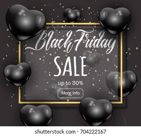 Black Friday shopping celebration, VIP sale concept. Beautiful black balloons randomly flying over gold frame. Vector golden frame, confetti, heart shape ballons. 