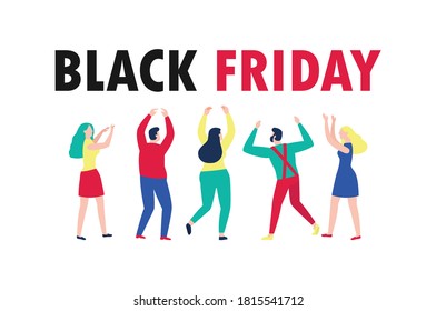 Black Friday shopping concept group People Characters cartoon Advertising Poster Banner Big Discount Promo Sale Event isolated on white background vector illustration