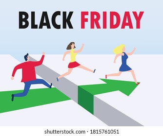 Black Friday shopping concept group of People running and jumping over gap with purchases to the store on sale, Advertising Poster Banner Big Discount Promo Sale Event isolated on white background
