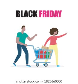 Black Friday shopping concept, Happy black people Couple with purchases to the store on sale, Advertising Poster Banner Big Discount Promo Sale Event isolated on white background