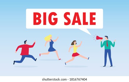 Black Friday shopping concept, Man Hold Megaphone with People Running to the store on sale, Advertising Poster Banner Big Discount Promo Sale Event isolated on background Vector Illustration
