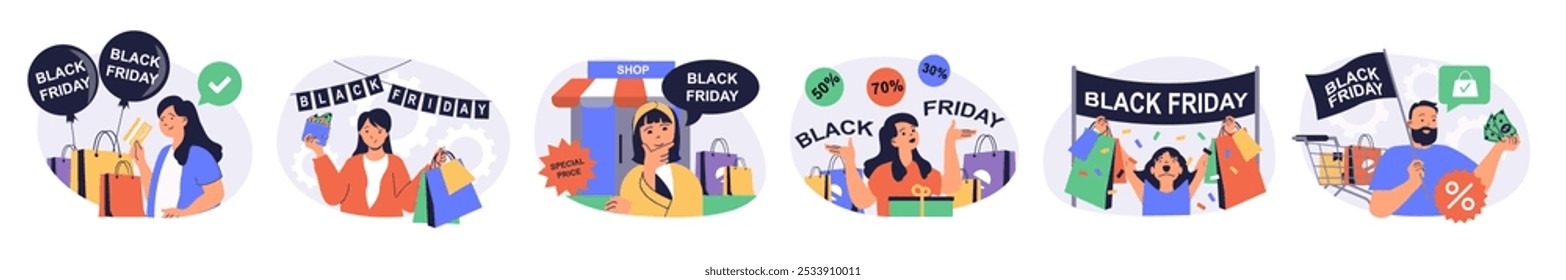 Conceito de compras de sexta-feira preta com personagens em design plano para web. Pessoas com bolsas fazendo compras com preços de desconto especiais na venda da temporada e recebendo presentes da loja. Ilustrações vetoriais.