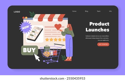 Black Friday shopping concept. A woman enjoys online shopping, clicking a heart icon on a mobile app by a shopping cart illustration. Vector illustration.