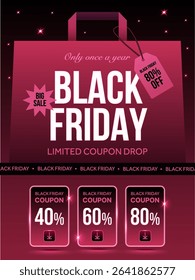 Black Friday shopping coupon book with coupon code, percentage off, shopping bag background. Black Friday gift voucher banner template in vector illustration