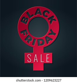 Black Friday Shopping Creative Concept with Cut Paper Style Square Logo Lettering and Friday Venus Sign - Red and White on Black Striped Background - Vector Gradient Graphic Design