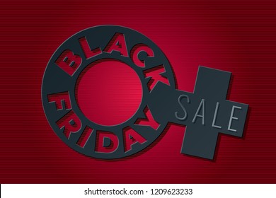 Black Friday Shopping Creative Concept with Cut Paper Style Logo Lettering and Friday Venus Sign - Black and Grey on Red Striped Background - Vector Gradient Graphic Design