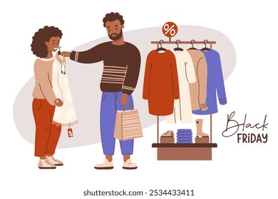 Sexta-feira Negra. Compras. Bonito casal étnico preto compradores homem e menina tentar no vestido elegante. Venda sazonal na loja. Ilustração vetorial. Personagem de comprador de férias, presente de novidade de compra