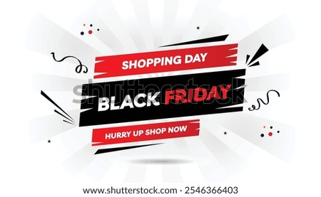Black Friday shopping day editable banner template with a sleek white and black gradient background, bold red shapes, and a 'Hurry Up Shop Now' call-to-action perfect for sales promotions and sales