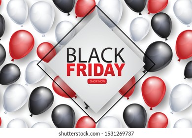 Black Friday Shopping event advertisement background with shiny helium balloons under a square. Big sale design concept for newsletters and website ads. Vector ilustration.