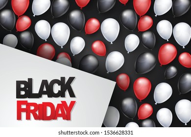 Black Friday Shopping event advertisement background with shiny helium balloons. Big sale design concept for newsletters and website ads. Vector ilustration.