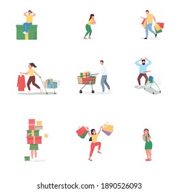 Black friday shopping flat color vector faceless characters set. Crazy shoppers with present boxes, bags. Seasonal sale isolated cartoon illustration for web graphic design and animation collection