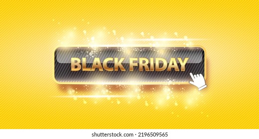 Black Friday shopping golden button isolated on orange background. Black Friday sale label and horizontal web banner with black button and lights